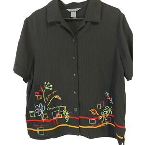 Vintage Koret Black Embroidered Short Sleeve Blouse Top XL